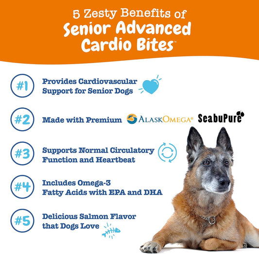 Zesty Paws Cardiovascular Support For Dogs - Taurine For Dogs, Coq10 For Dogs, L Carnitine & Sea Buckthorn For Senior Dog Heart Health - Alaskomega Fish Oil Omega 3 - Senior - Salmon - 90 Count