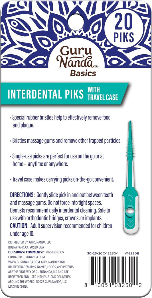 GuruNanda Interdental Picks with Travel Case - Floss Tooth Pick for Teeth Cleaning - Flexible Rubber Bristles - 20 Picks (Pack of 2) : Health & Household