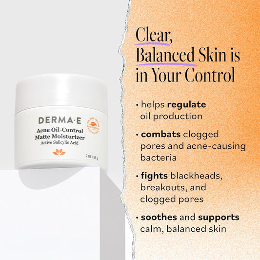 Derma E Acne Oil Control Face Moisturizer, 2 Oz, Matte Moisturizer With Salicylic Acid, Tea Tree Oil & Aloe Vera, Face Cream Rebalances Sebum Production & Prevents Blemishes, Redness & Breakouts 2 Oz