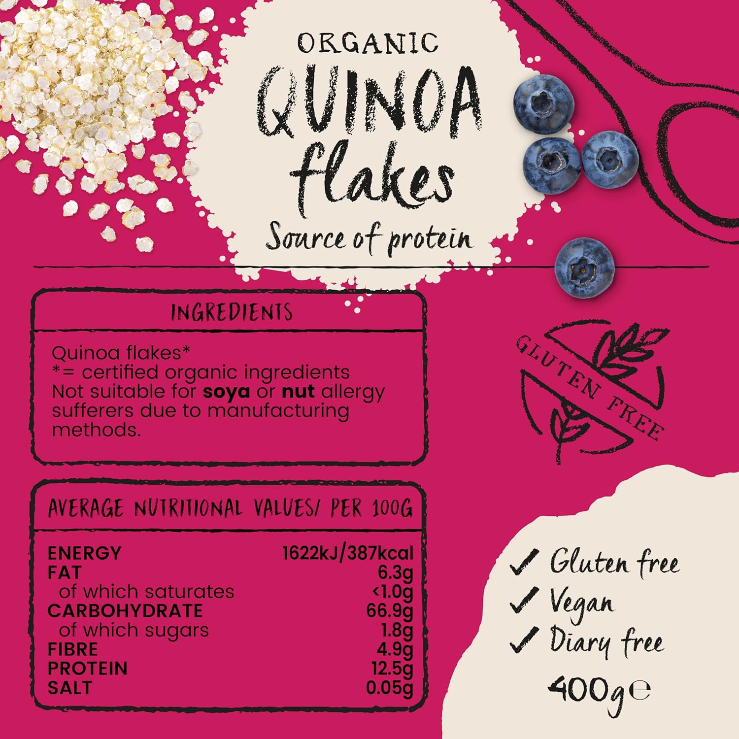 Amisa Organic Gluten-Free Quinoa Flakes, 400g - Certified Gluten Free & Suitable for Vegans - Source of Protein - Ideal for Healthy Breakfast Cereal : Amazon.co.uk: Grocery