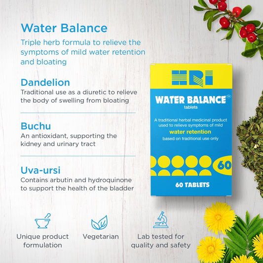 Hri Water Balance 60 Tablets - To Relieve Symptoms Of Mild Water Retention. With Dandelion Root, Uva Ursi And Buchu Leaf Extract. 3 Pack