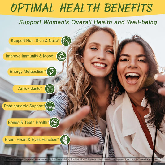 Sugar Free Multivitamin Gummies For Women 14+ W/Inositol, Iron, Folate, Biotin, Womens Daily Multivitamin Gummy W/Vitamin A, D, C, B, Support Hair, Skin, Energy, Immune, Strawberry Flavor