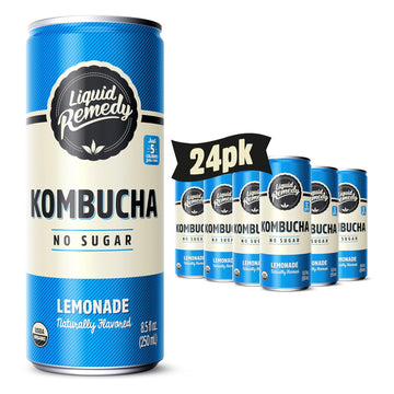 Liquid Remedy Kombucha Sugar Free Organic Drink, Low Calorie, Probiotic Like Tea For Gut Health - Lemonade - 8.5 Fl Oz Can, 24-Pack