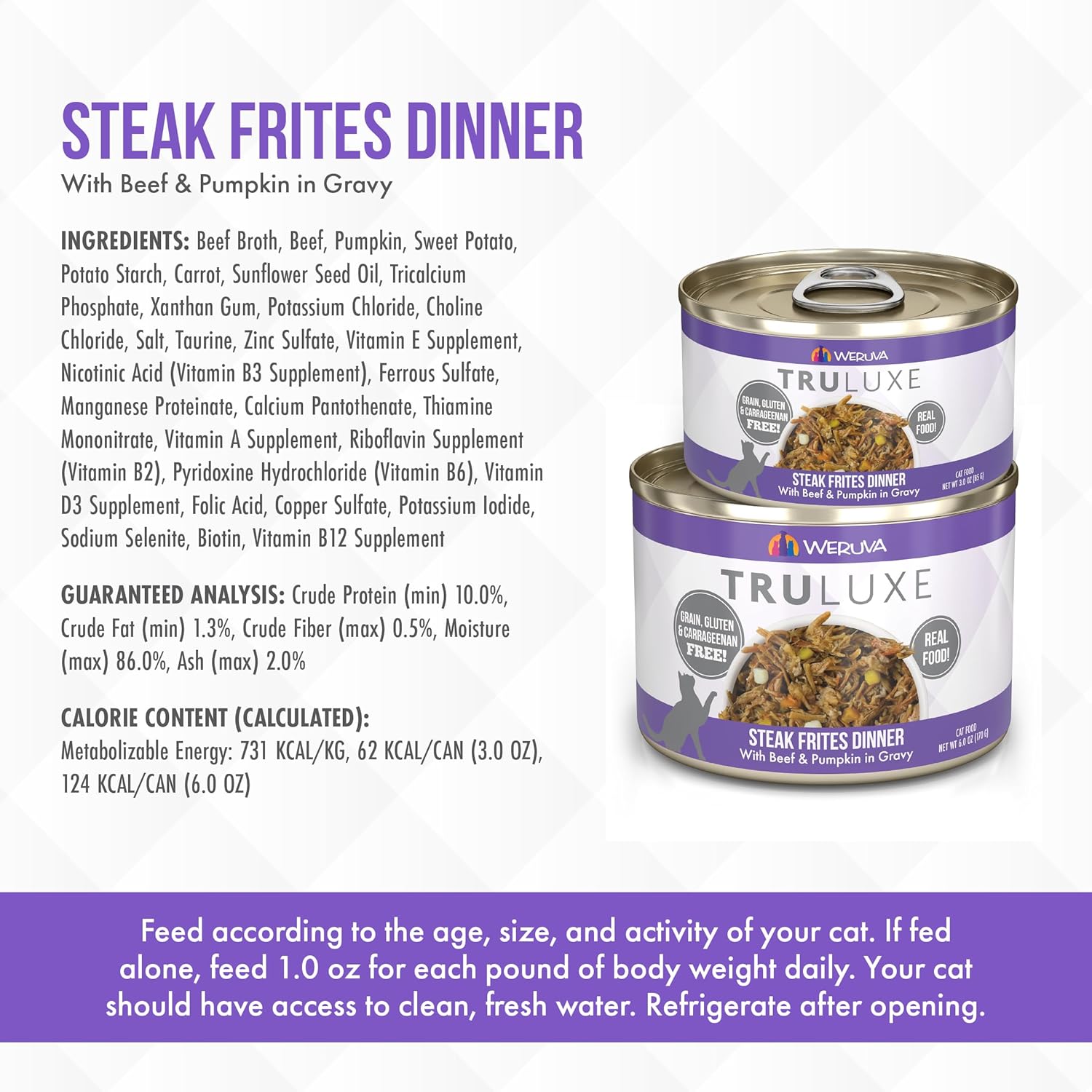 Weruva TruLuxe Cat Food, Steak Frites Dinner with Beef & Pumpkin in Gravy, 3oz Can (Pack of 24) : Pet Supplies