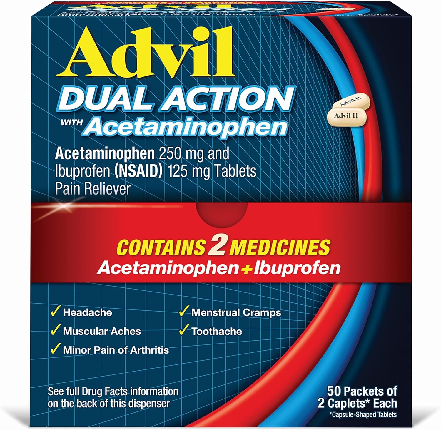 Advil Dual Action Coated Caplets with Acetaminophen, 250 Mg Ibuprofen and 500 Mg Acetaminophen Per Dose (2 Dose Equivalent) for 8 Hour Pain Relief - 2 Count x 50