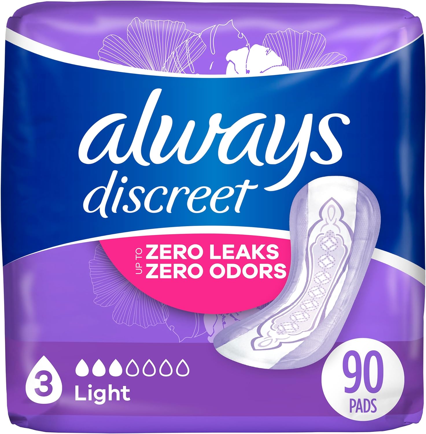 Always Discreet Adult Incontinence Pads For Women, Light Absorbency, Regular Length, Postpartum Pads, 30 Count X 3 Packs (90 Count Total)