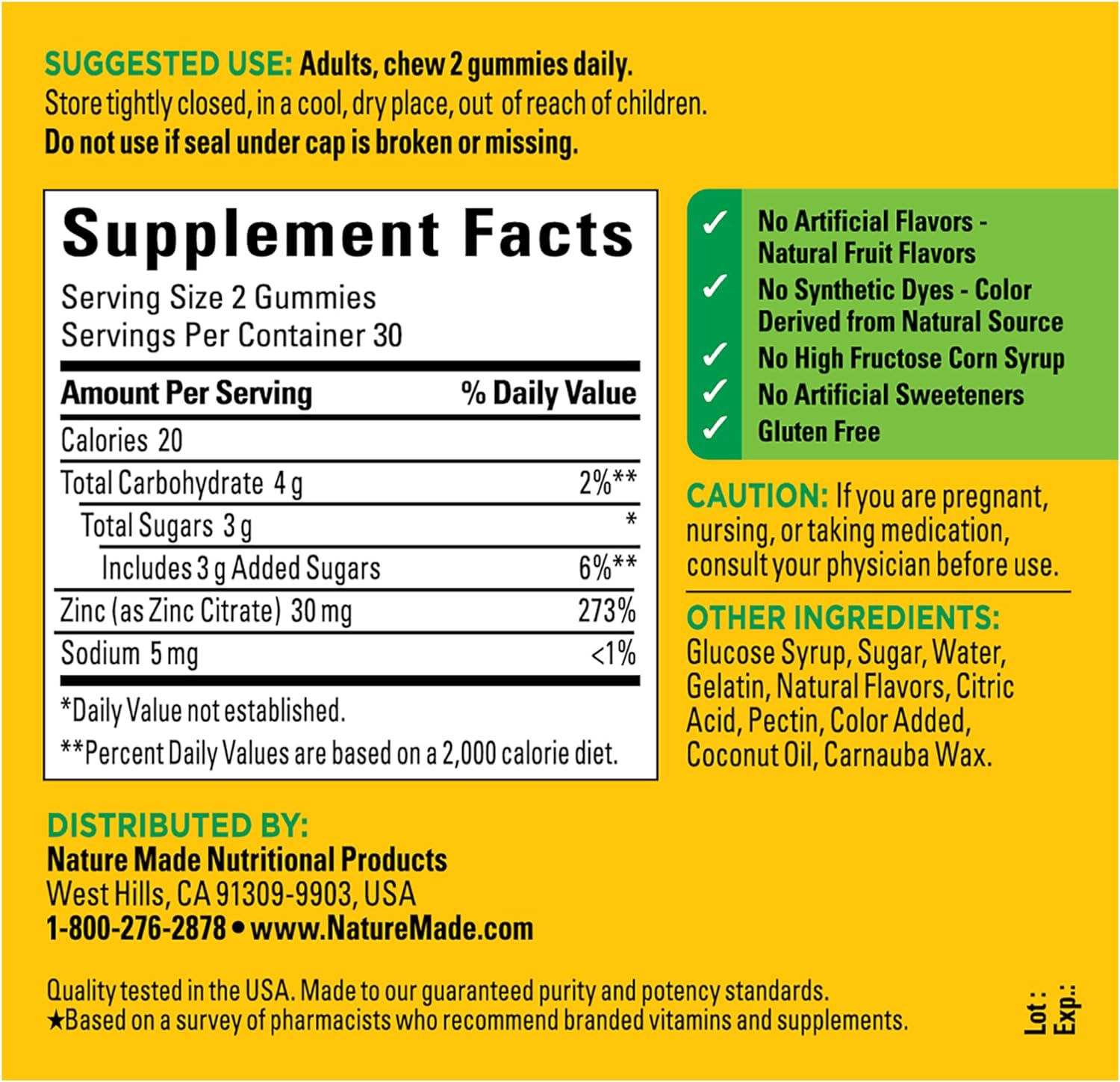 Nature Made Extra Strength Zinc Supplements 30 mg, Dietary Supplement for Immune Health and Antioxidant Support, 60 Zinc Gummies, 30 Day Supply : Health & Household