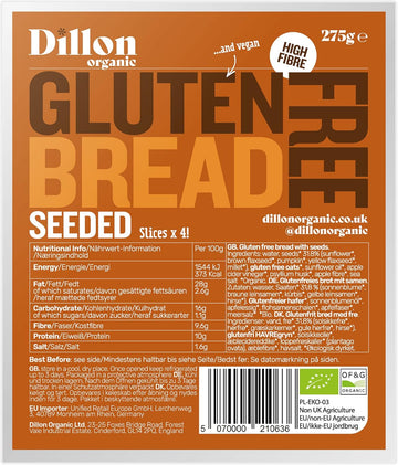 Dillon Organic Gluten Free Seeded Bread 4 X 275G, Sliced, Low Carb, High Fibre, A Blend Of Gluten Free Oats And Seeds
