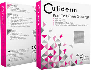 Pack Of 20 Cutiderm Sterile Paraffin Gauze Dressing 5Cm X 5Cm - Suitable For Superficial And Partial Thickness Burns, Skin Loss Wounds, Abrasions And Traumatic Injuries