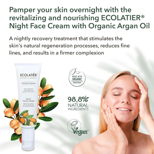 Night Cream With Organic Argan Oil – Revitalizing & Nourishing, Anti-Aging Face Moisturizer With Vitamin C, Vegan, 97.7% Natural Ingredients, 1.7 Fl Oz - Ecolatier