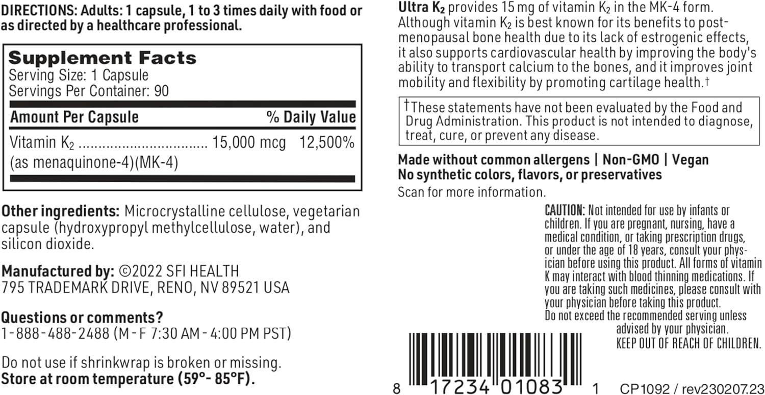 Klaire Labs Ultra K2 MK4 15000mcg - Vitamin K2 Supplement to Support B