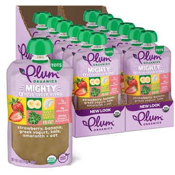 Plum Organics Mighty 4 Organic Toddler Food - Strawberry, Banana, Greek Yogurt, Kale, Amaranth, And Oat - 4 Oz Pouch (Pack Of 12) - Organic Fruit And Vegetable Toddler Food Pouch