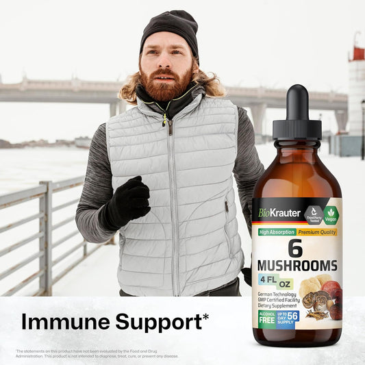 Bio Krauter 6 Mushrooms Supplement 6-In-1 - Lions Mane, Shiitake,Turkey Tail, Cordyceps, Reishi & Chaga Liquid Extract - Mushroom Complex Tincture - Vegan Drops 4 Fl.Oz