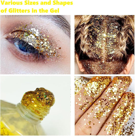 Beliky Girl Body Glitter Gel, 50Ml Face Glitters Body Gel Sequins Shimmer Liquid Eyeshadow, Mermaid Sequins Liquid Holographic Glitter Gel, Chunky Glitter For Face Hair Nails (Gold)