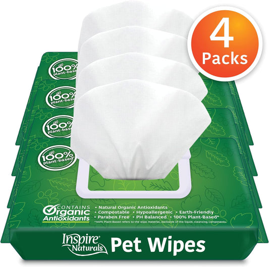 Inspire Naturals Pet Wipes for Dogs and Cats 100% Natural Plant Based with Organic Antioxidants, Dog Wipes Cleaning Deodorizing Cat Wipes | Puppy Wipes | Dog Wipes for Paws and Butt (200ct - 4 Pack)
