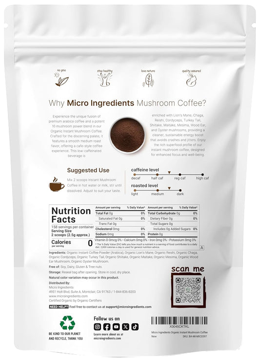 Organic Instant 10 In 1 Mushroom Coffee Powder, 14 Ounce (158 Servings) | Weight & Immune Support | Premium Arabica Coffee With Lion’S Mane, Chaga, Reishi,& More