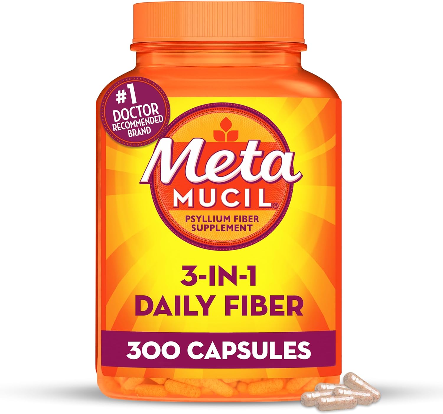 Metamucil, Daily Psyllium Husk Powder Supplement, 3-in-1 Fiber for Digestive Health, Plant Based Fiber, 300ct Capsules (Packaging May Vary)