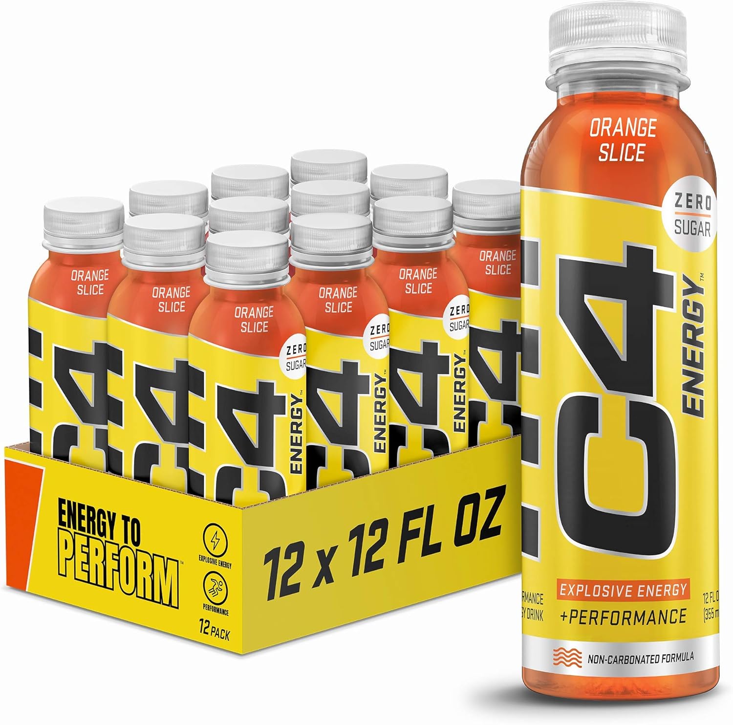 C4 Energy Non-Carbonated Zero Sugar, Pre Workout Drink + Beta Alanine, Orange Slice, 12 Fl Oz, Pack Of 12