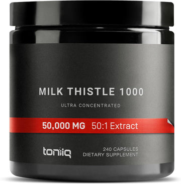 Toniiq 50,000Mg 50X Concentrated Milk Thistle Extract - Milk Thistle 1000Mg Per Serving - 80% Silymarin - Bioavailable Silymarin Milk Thistle Supplement Capsules - 240 Vegetarian Caps