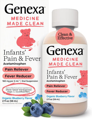 Genexa Infants’ Pain And Fever Reducer | Baby Acetaminophen, Dye Free, Liquid Oral Suspension Medicine For Infant | Delicious Organic Blueberry Flavor | 160 Mg Per 5Ml | 2 Fluid Ounces