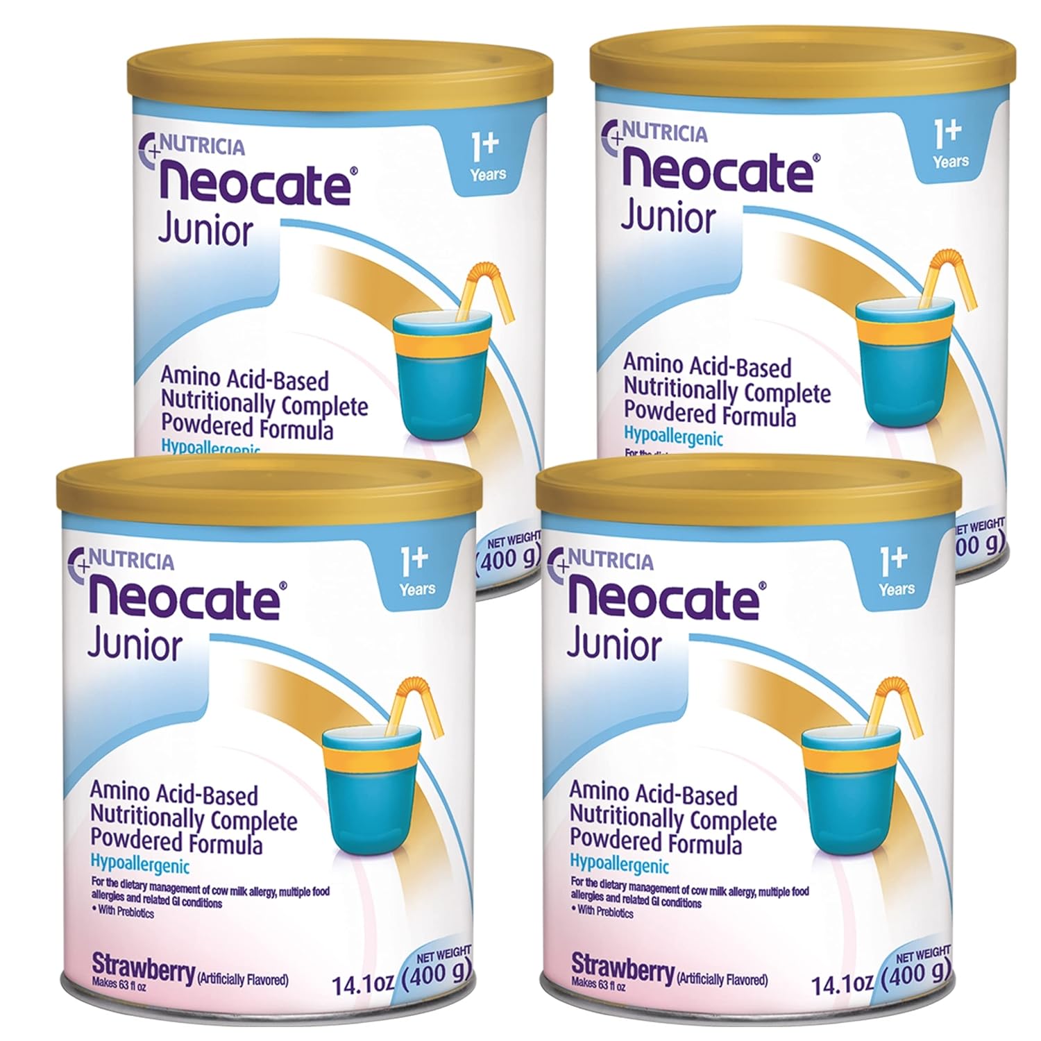 Neocate Junior - Powdered Hypoallergenic, Amino Acid-Based Toddler And Junior Formula - Strawberry - 14.1 Oz Can (Case Of 4)