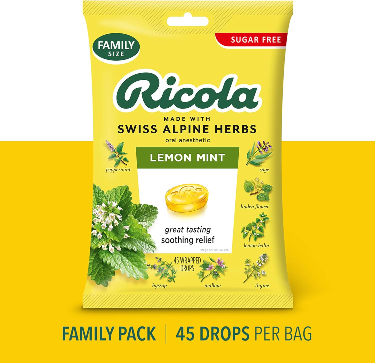 Ricola Big Bag Sugar Free Cough Drops Drops 2245, Lemon, Lemon Mint, 45 Count, Pack of 1(Packaging Mat Vary)