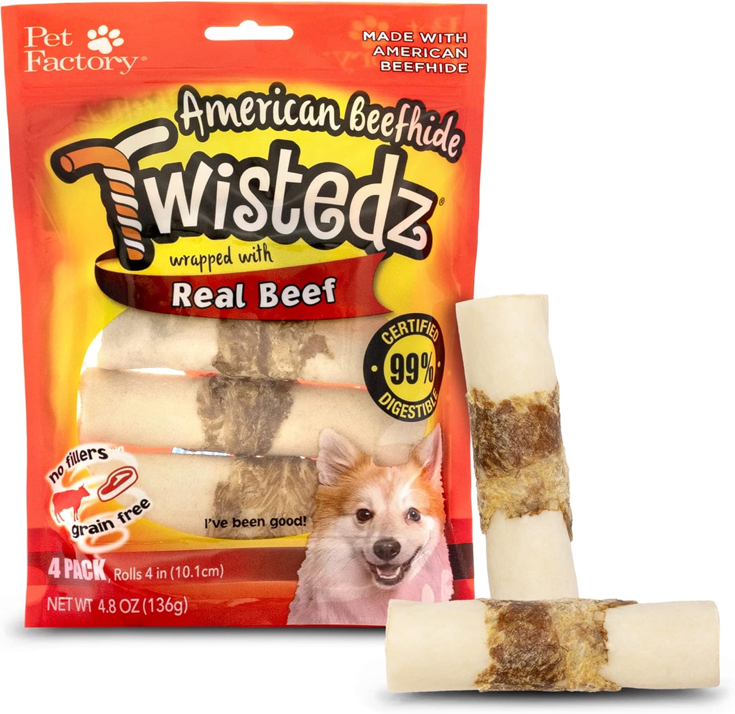 Pet Factory Twistedz American Beefhide 4" Rolls Dog Chew Treats W/ Real Beef Meat Wrap - 4 Count/1 Pack