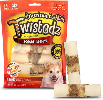 Pet Factory Twistedz American Beefhide 4" Rolls Dog Chew Treats W/ Real Beef Meat Wrap - 4 Count/1 Pack