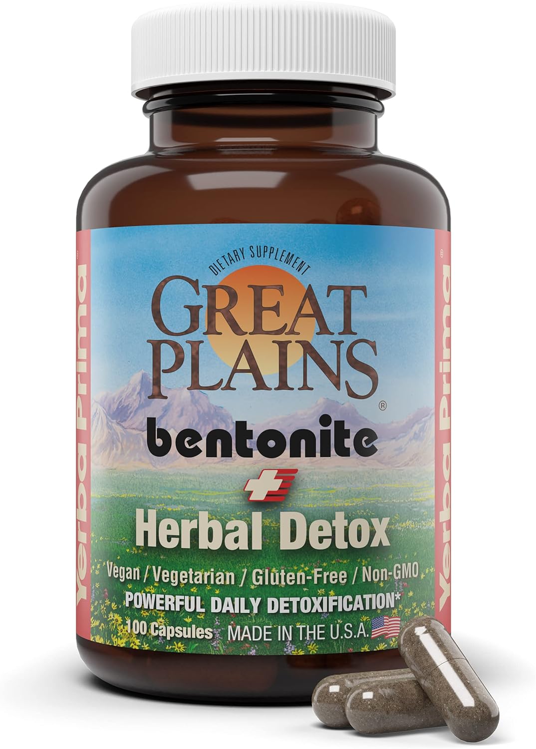 Yerba Prima Bentonite Clay Plus Herbal Detox, 100 Veg Capsules - Food Grade Clay from The Great Plains, USA - Colon & Liver Cleanse Supplement with Calcium Clay