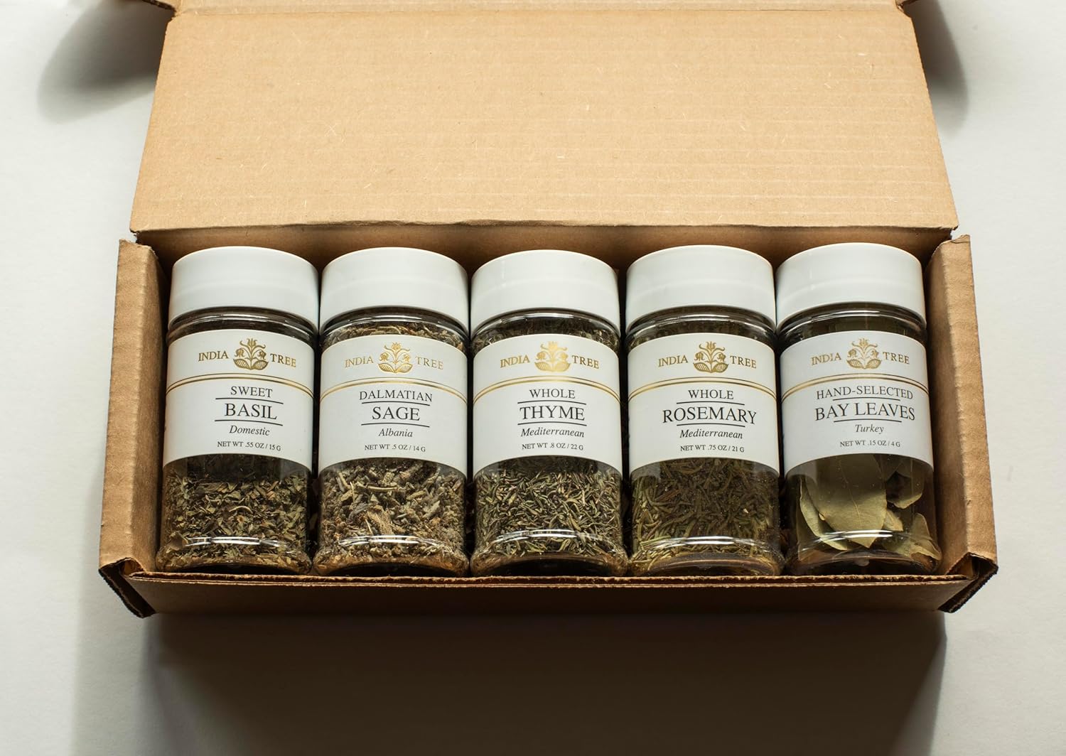 India Tree Kitchen Herb Essentials Gift Pack - 5 Jars Of Mediterranean Thyme, Dalmatian Sage, California Basil, Turkish Bay Leaves, And Mediterranean Rosemary