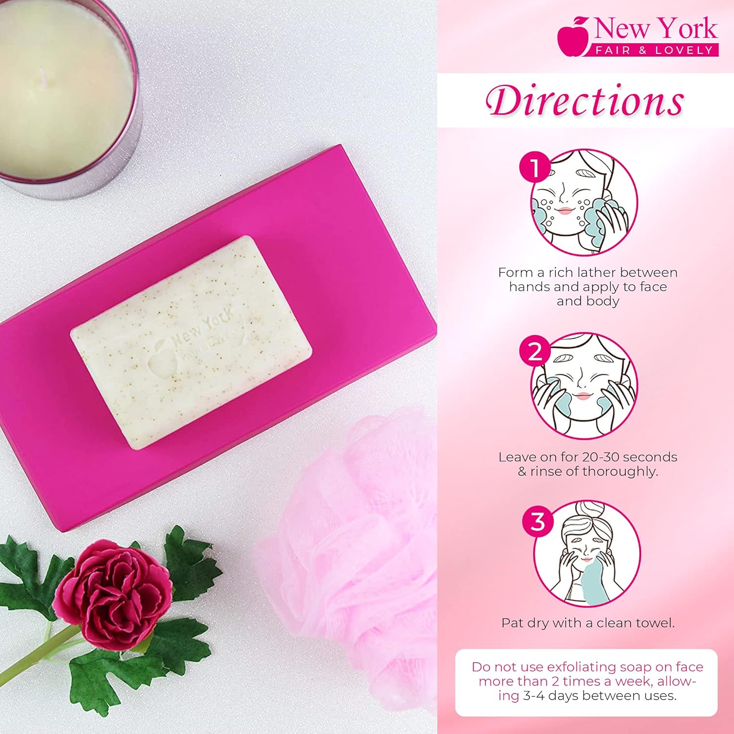 New York Fair And Lovely Exfoliating Soap | 200G / 7 Oz | Moisturiser Bar, Natural Skin, Brightening For Face & Body, With Shea Butter, Coconut Oil And Apricot