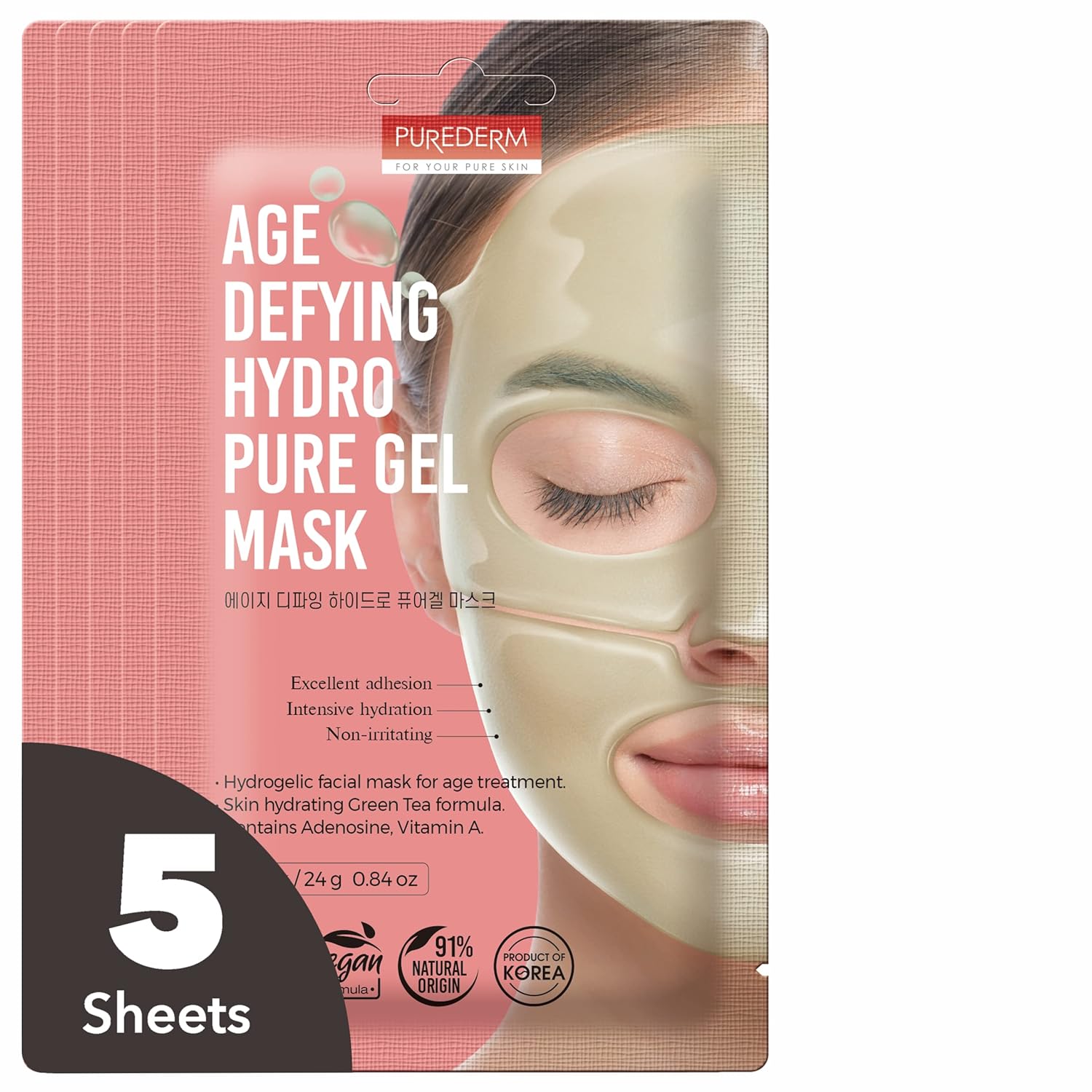 Purederm Age Defying Hydro Pure Gel Mask (5 Pack) - Hydrogel Face Mask For Age Treatment & Nourishing