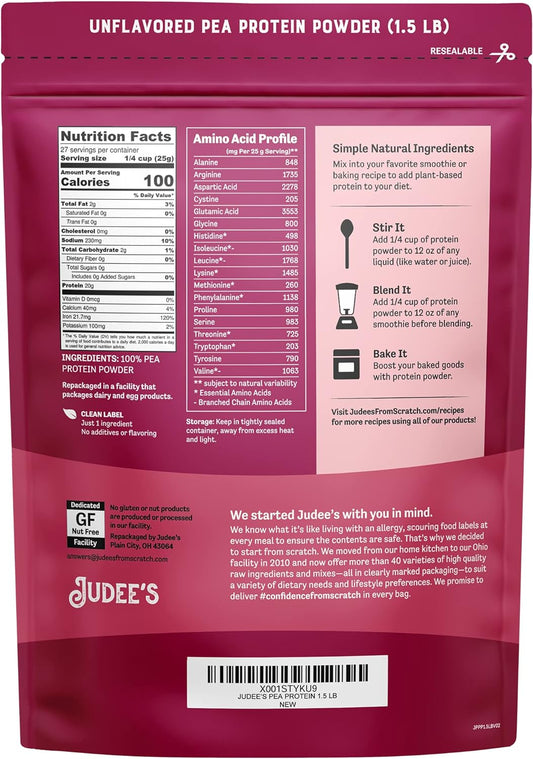 Judee?s Unflavored Pea Protein Powder (80% Protein) 1.5lb (24oz) - 100% Non-GMO, Keto-Friendly, Vegan - Dairy-Free, Soy-Free, Gluten-Free and Nut-Free - Easily Dissolve in Liquids