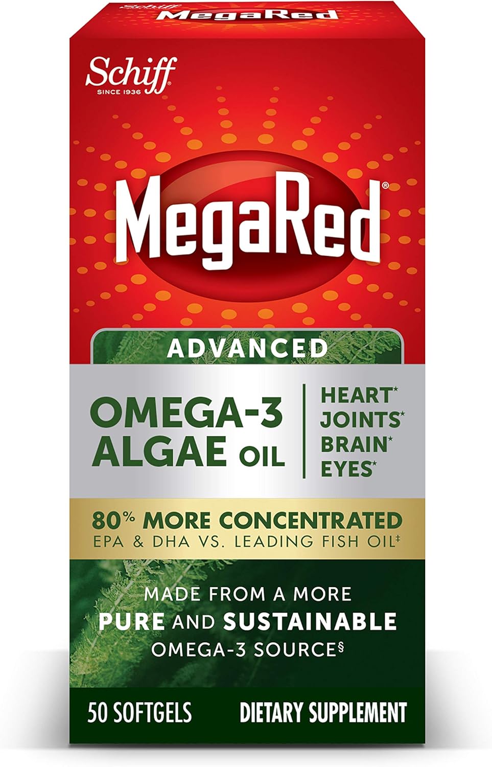 Omega-3 Advanced Algae Oil 600mg, MegaRed Softgels (50 Count in A Bottle), Omega-3?s for Heart, Joints, Brain & Eye Health*, EPA, DHA, Algae Oil, Vegetarian