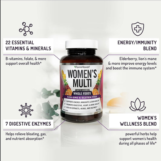 FarmHaven Womens Multivitamin - Whole Food Daily Multi Supplement with B Vitamins, D3, Folate, Enzymes, Zinc & Minerals - Boosts Energy, Immune, Heart Health - Non-GMO, Vegetarian - 90 Capsules