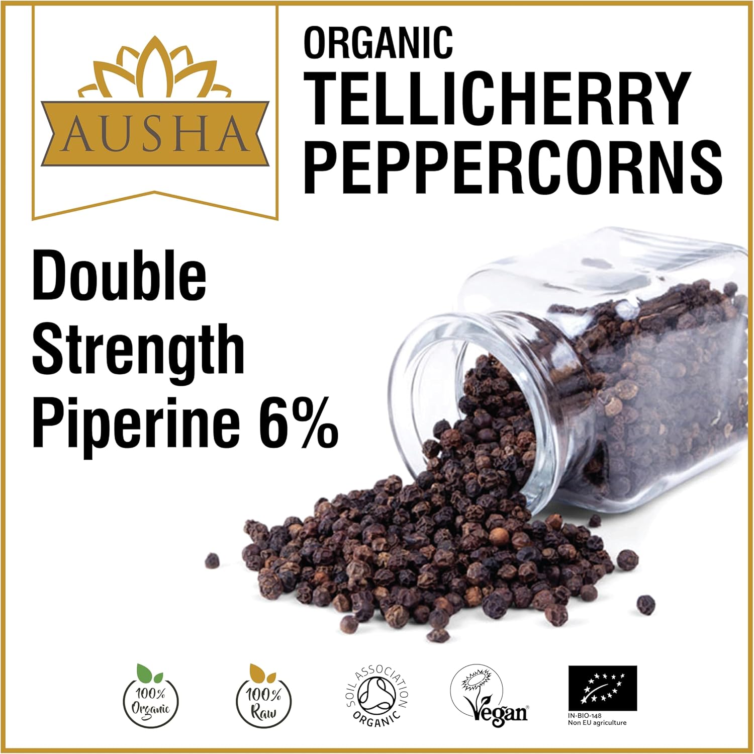 Ausha Organic Tellicherry Black Peppercorns 500g Whole - 2** GREAT TASTE AWARD - UK Certified Organic by Soil Association : Amazon.co.uk: Grocery