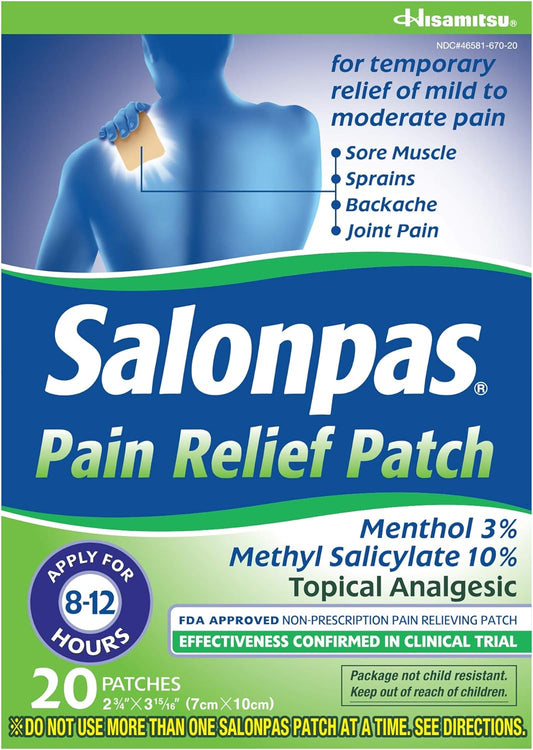 Salonpas Pain Relieving Menthol and Methyl Salicylate Patch, 20 Count, for Back, Neck, Shoulder, Knee Pain and Muscle Soreness, 12 Hour Pain Relief