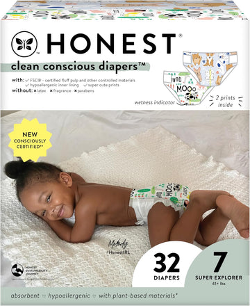 The Honest Company Clean Conscious Diapers | Plant-Based, Sustainable | Barnyard Babies + It’S A Pawty | Club Box, Size 7 (41+ Lbs), 32 Count