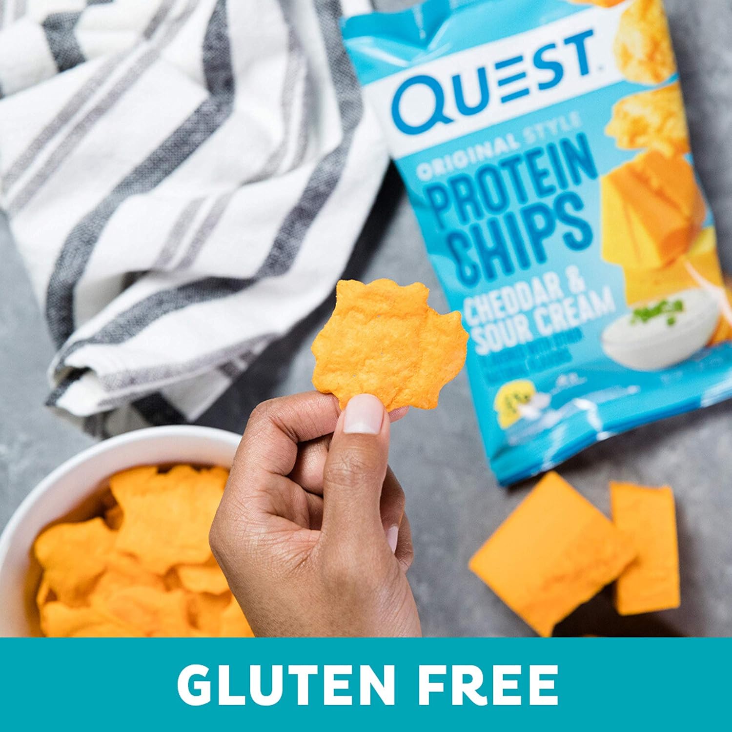 Quest Nutrition Cheddar & Sour Cream Protein Chips, 19G Protein, 4G Net Carbs, Low Carb, Gluten Free, 1.1 Oz (Pack Of 12)