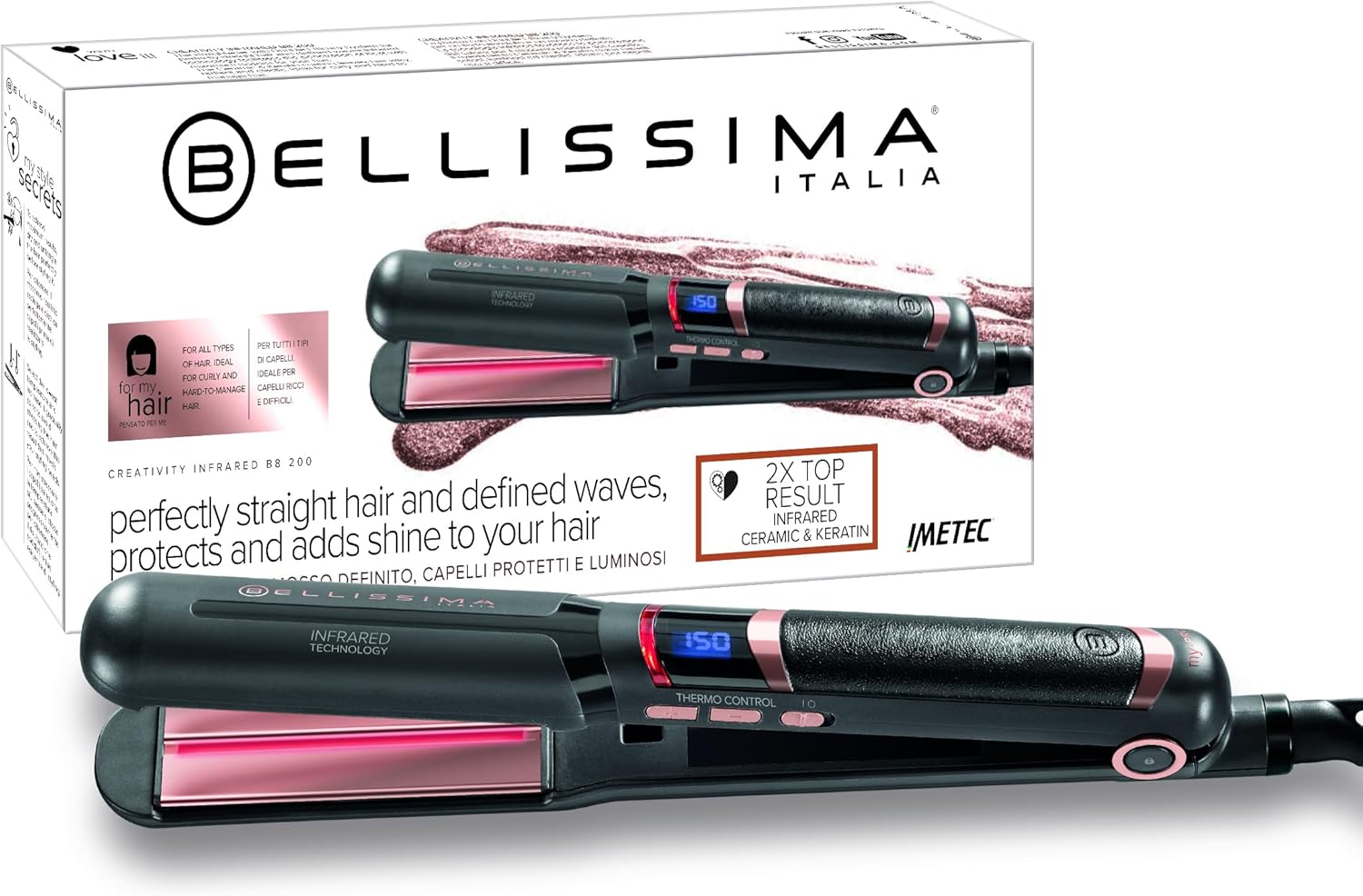 Bellissima Creativity Infrared Hair Straightener – Ceramic Plating With Infrared, Keratin Technology For Sleek Hair, 130°C-230°C Adjustable Temperatures. Quick Heat Up, Digital Display, Anti-Frizz