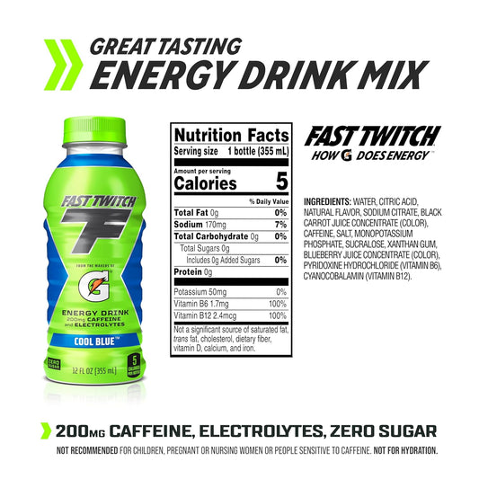 Fast Twitch Energy Drink From Gatorade, Cool Blue, 12Oz Bottles, (12 Pack), 200Mg Caffeine, Zero Sugar, Electrolytes