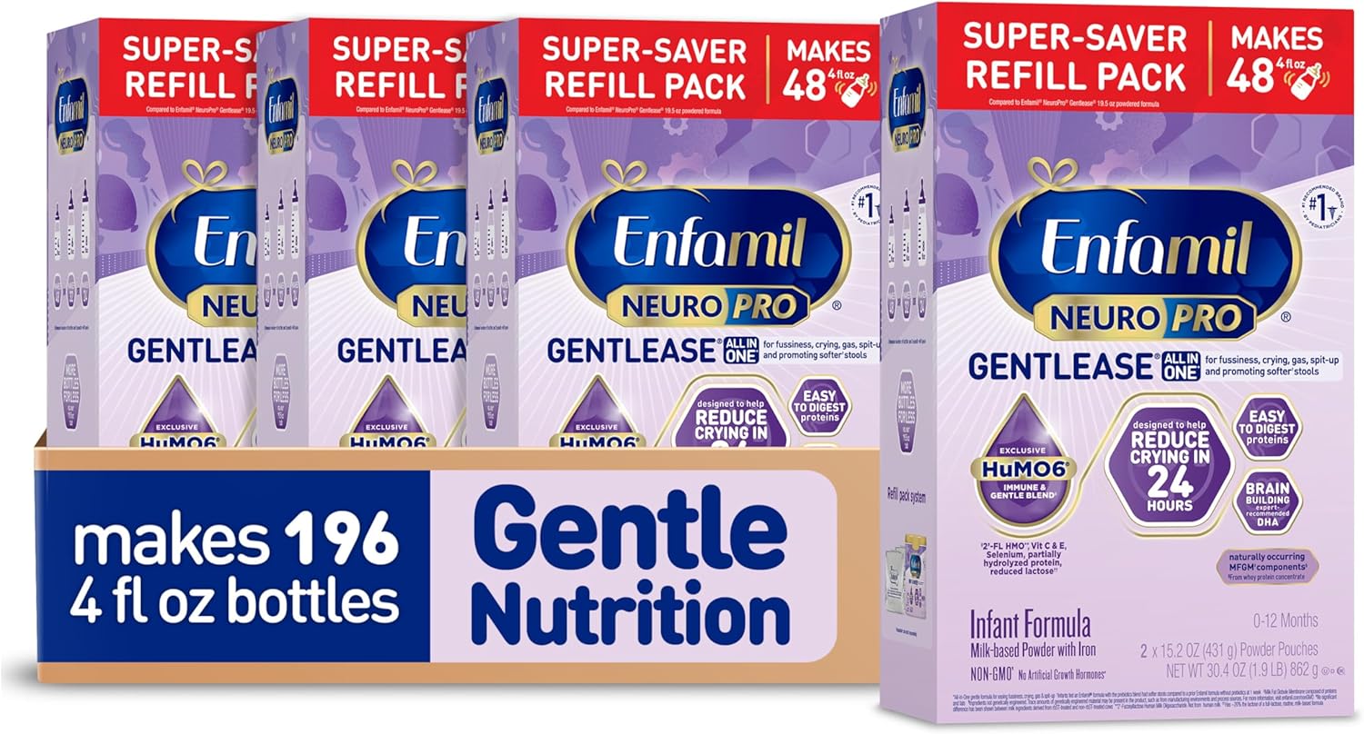 Enfamil Neuropro Gentlease Baby Formula, Brain Building Dha, Humo6 Immune Blend, Designed To Reduce Fussiness, Crying, Gas & Spit-Up In 24 Hrs, Has Prebiotics To Promote Softer Stools, Baby Milk, 35.2 Oz (Pack Of 4)