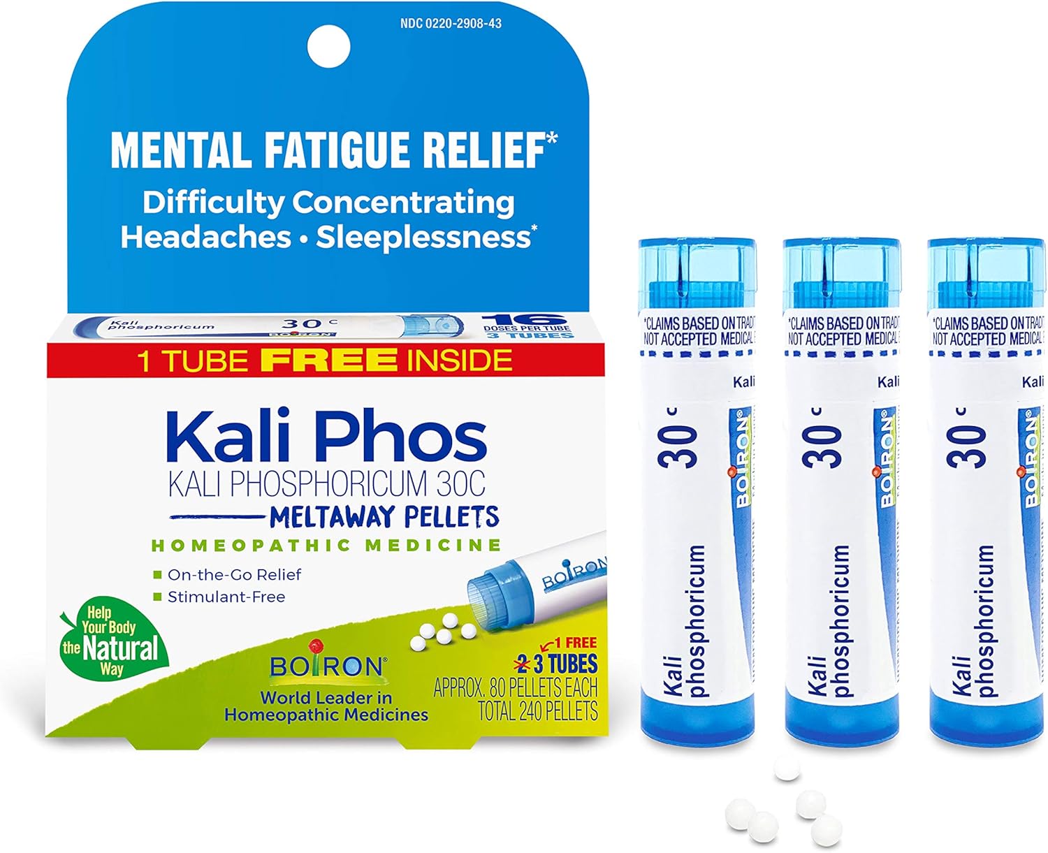 Boiron Kali Phosphoricum 30C Homeopathic Medicine For Headaches, Sleeplessness, Mental Fatigue, And Concentration Difficulties - 3 Count (240 Pellets)