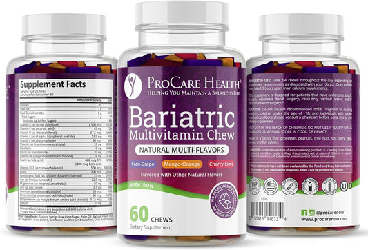 ProCare Health | Bariatric Multivitamin | Soft Chew | 22.5mg Iron | Individually Wrapped | Multi-Flavor | Cran-Grape, Mango-Orange, Cherry-Lime | 60 Count | 1 Month Supply
