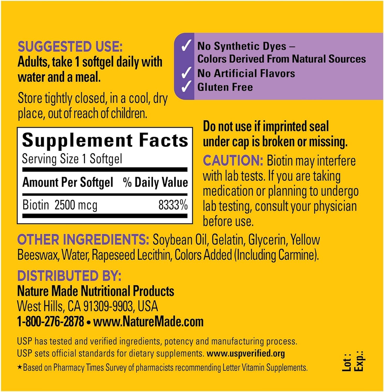 Nature Made Extra Strength Biotin 2500 mcg, Dietary Supplement For Healthy Hair, Skin & Nail Support, 150 Softgels, 150 Day Supply