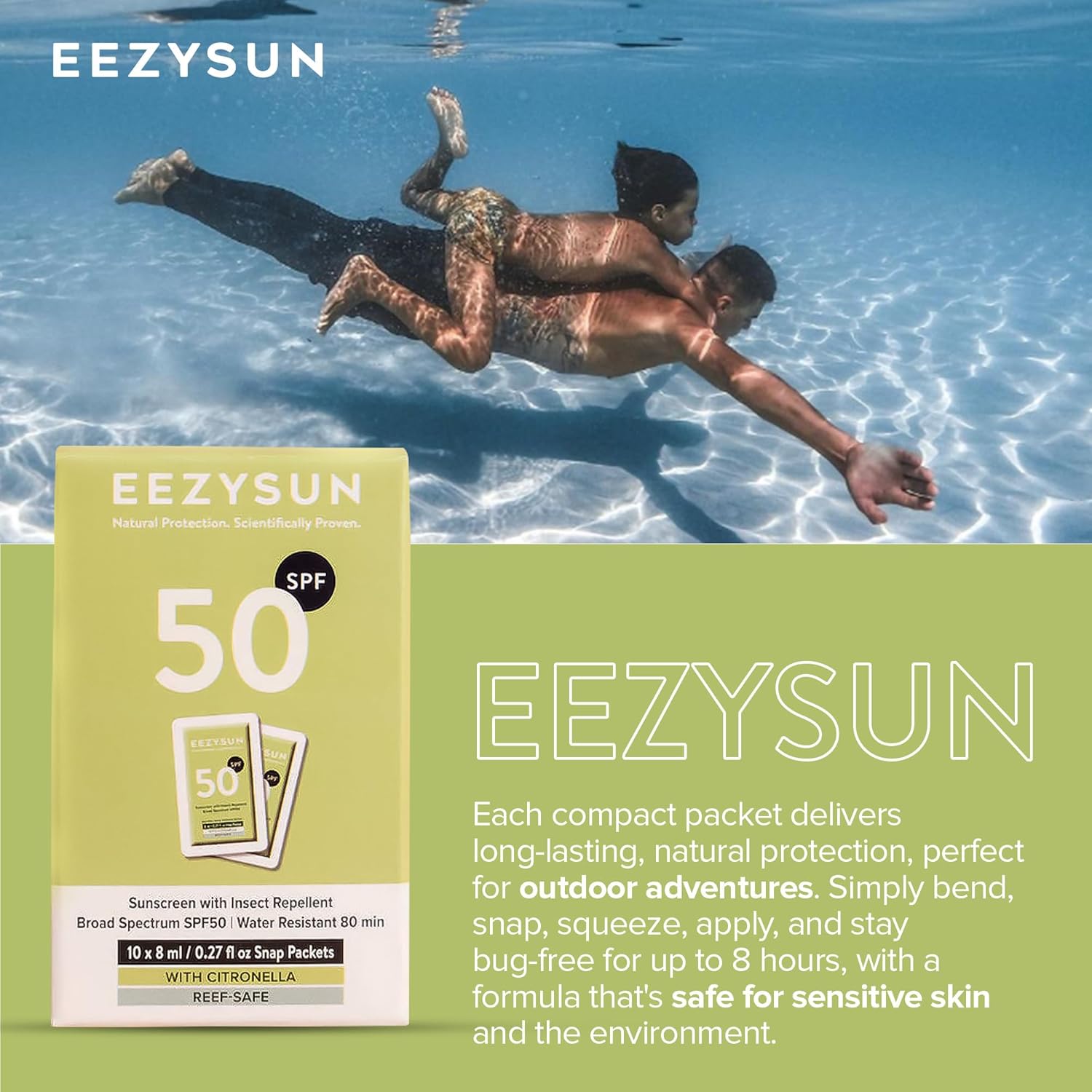 Spf 50 Sunscreen And Insect Repellent Snap Packets - Sunscreen Travel Size Bug Repellent With Citronella Oil, Lemongrass, And Neem Oil - Reef-Safe Repellent - 10 Snap Packets (0.27 Fl Oz Each)
