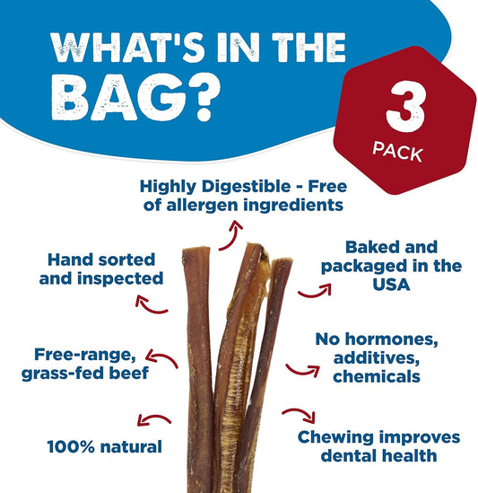 Best Bully Sticks 12 Inch All-Natural Bully Sticks For Dogs - 12” Fully Digestible, 100% Grass-Fed Beef, Grain And Rawhide Free | 3 Pack Trial Size