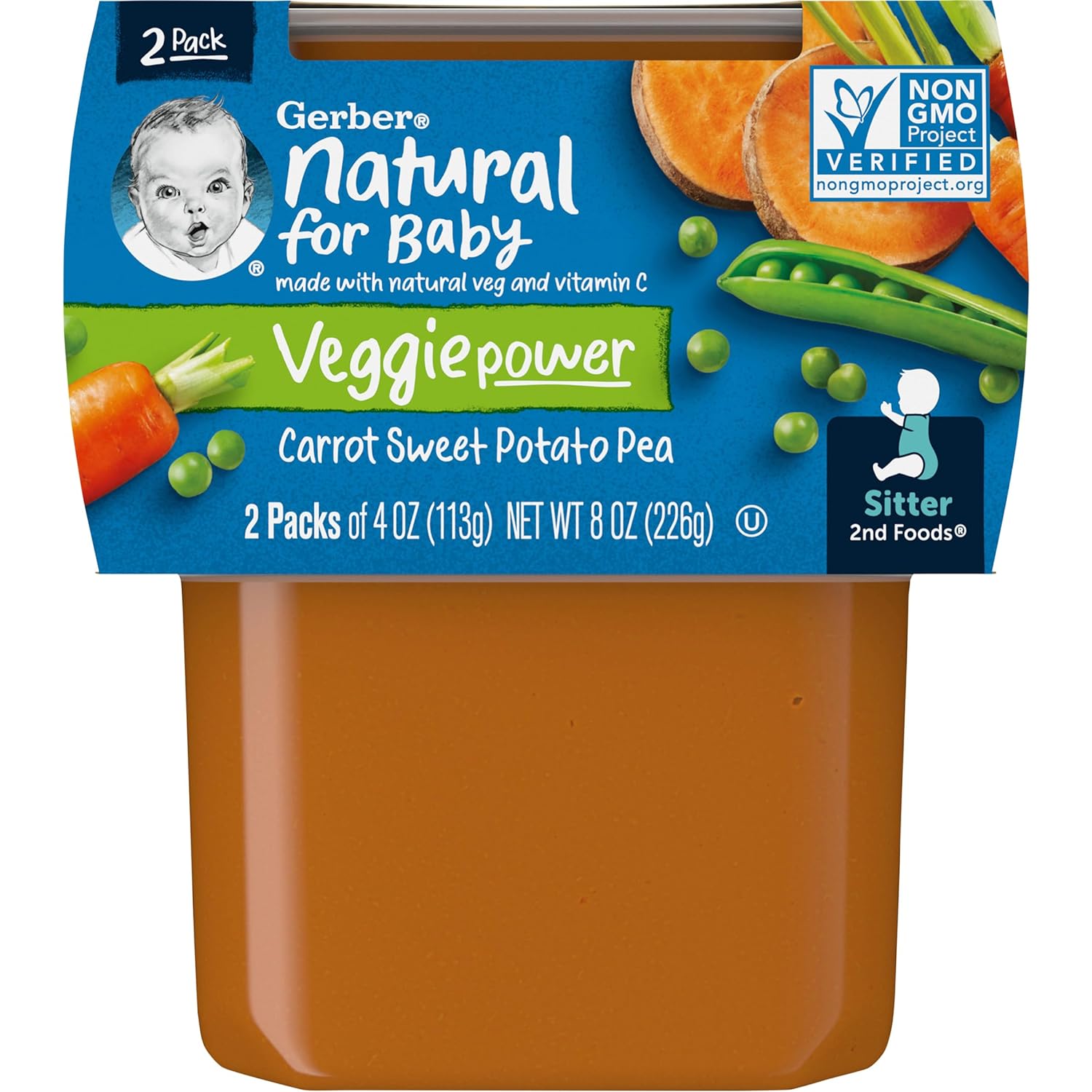 Gerber 2nd Foods Carrot, Sweet Potato & Pea Pureed Baby Food, 4 Ounce Tubs, 2 Count (Pack of 8)