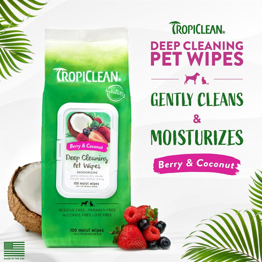 TropiClean Dog Wipes Grooming - Deep Cleaning & Deoderising Wipes for Dogs & Cats - Removes Dirt, Dander & Odour - For Pet Paws, Face, Body & Butt, Sweet Berry & Coconut, 100ct?TRDCWP100CT