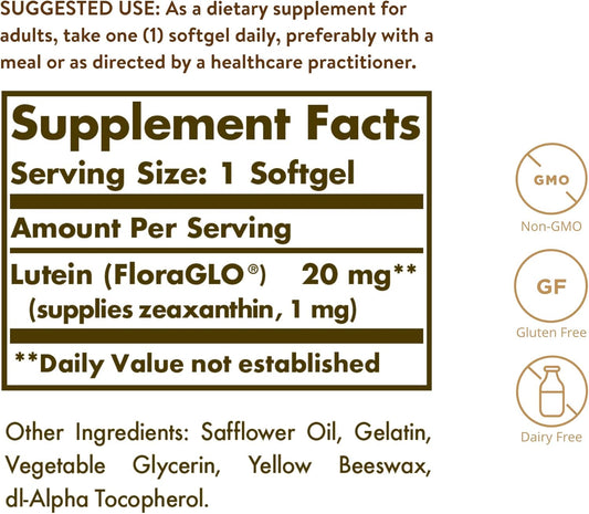 Solgar Lutein 20 Mg, 60 Softgels - Supports Eye Health - Helps Filter Out Blue-Light - Contains Floraglo Lutein - Non-Gmo, Gluten Free, Dairy Free - 60 Servings